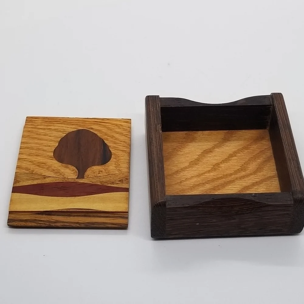 wooden inlay trinket box with tree imagery made in Canada